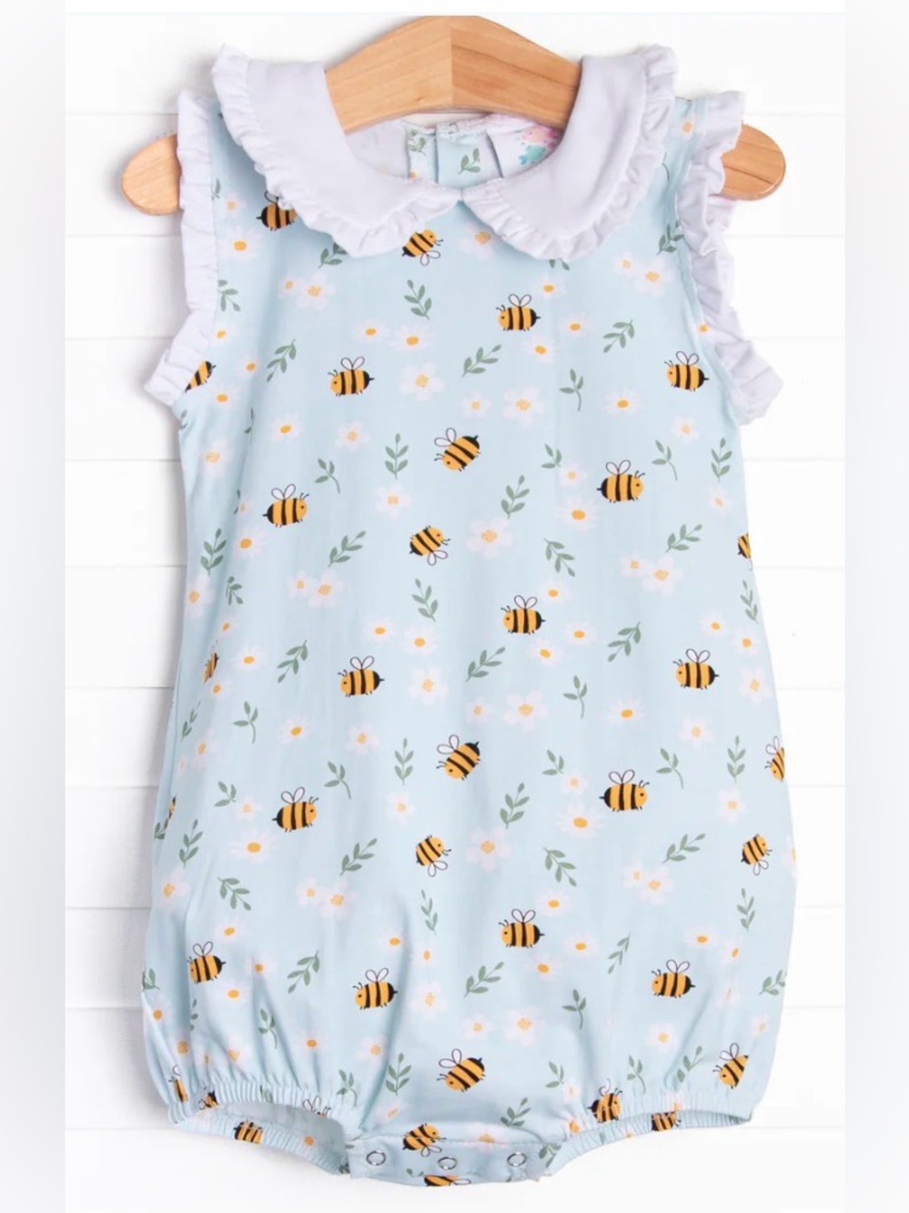 Bumble Bee Blue Ruffle Peter Pan Collar Bubble Romper